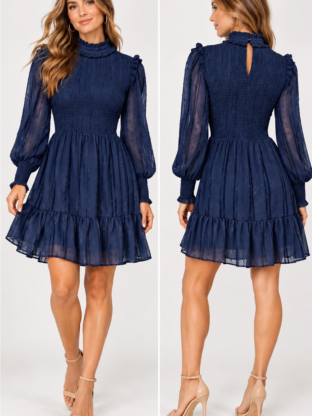 Lulu's Navy Smocked High-Neck Long Sleeve Mini Dress